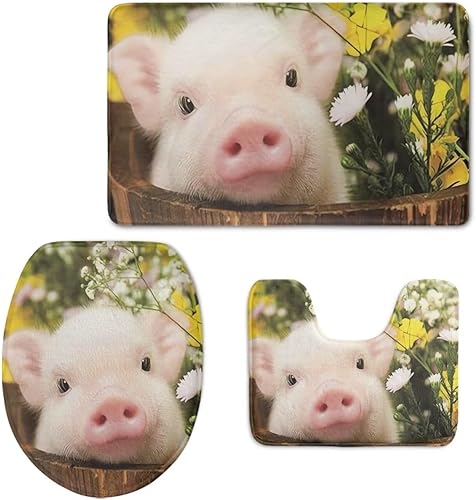 Miniatura 1 de chaqlin Juego de 3 alfombras de baño antideslizantes con estampado de cerdo 3D, lavables, juego de fundas para tapa de inodoro, bonitos juegos de