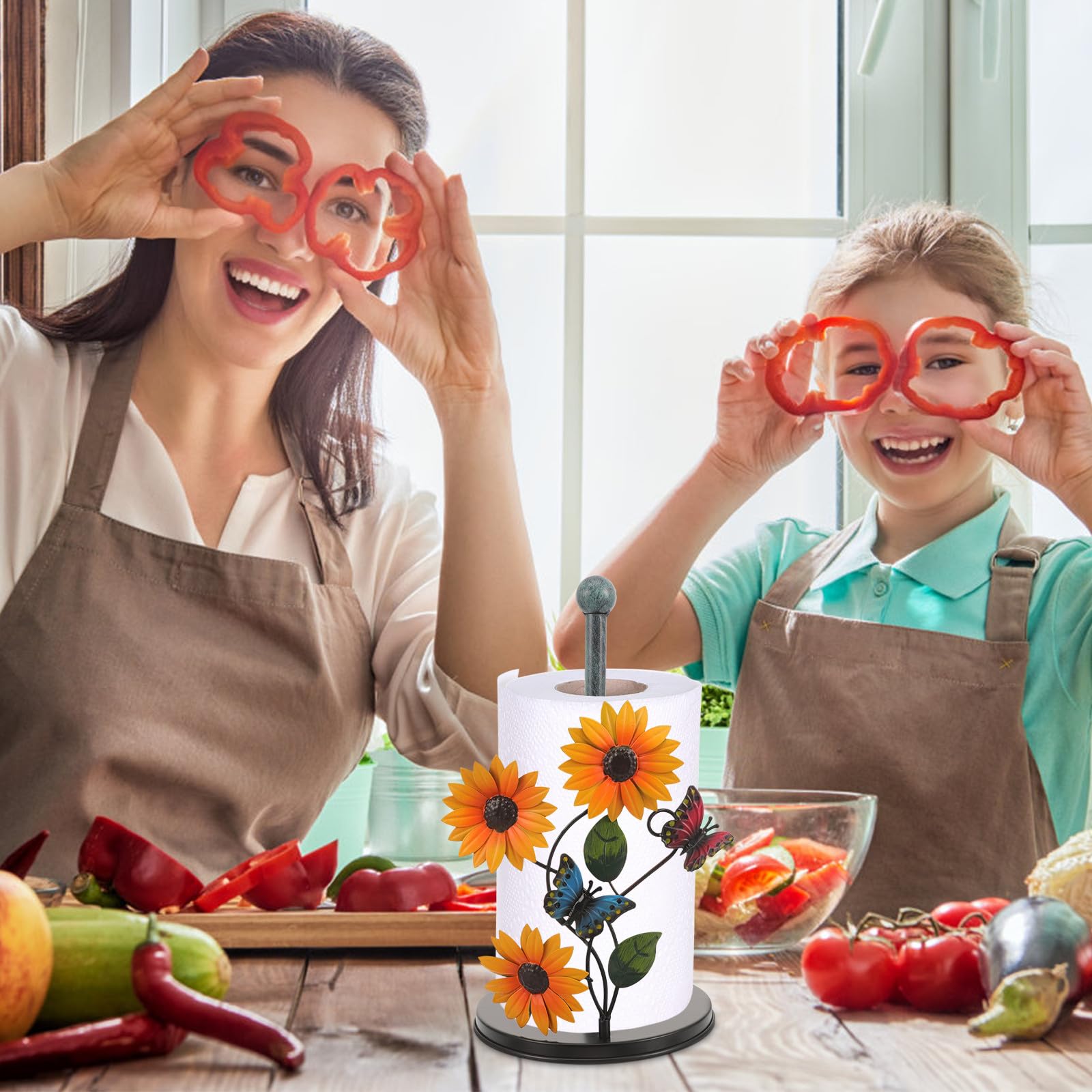 Mobestech Portarotolo da Cucina in Metallo Stile Girasole Farfalle, Porta Carta Verticale Robusto e Decorativo per Soggiorno, Sala da Pranzo e Cucina, Supporto Portasciugamani Artistico