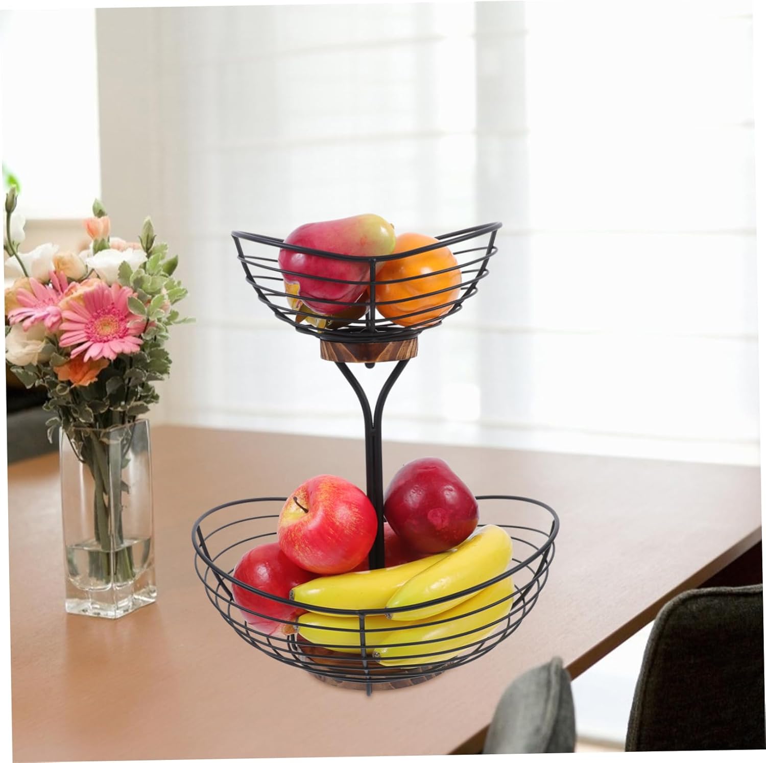 PRETYZOOM Fruit Bowl Multi-layer Design Iron and Wood Fruit Basket for Kitchen Counter Elegant Table Storage for Bananas and Decor