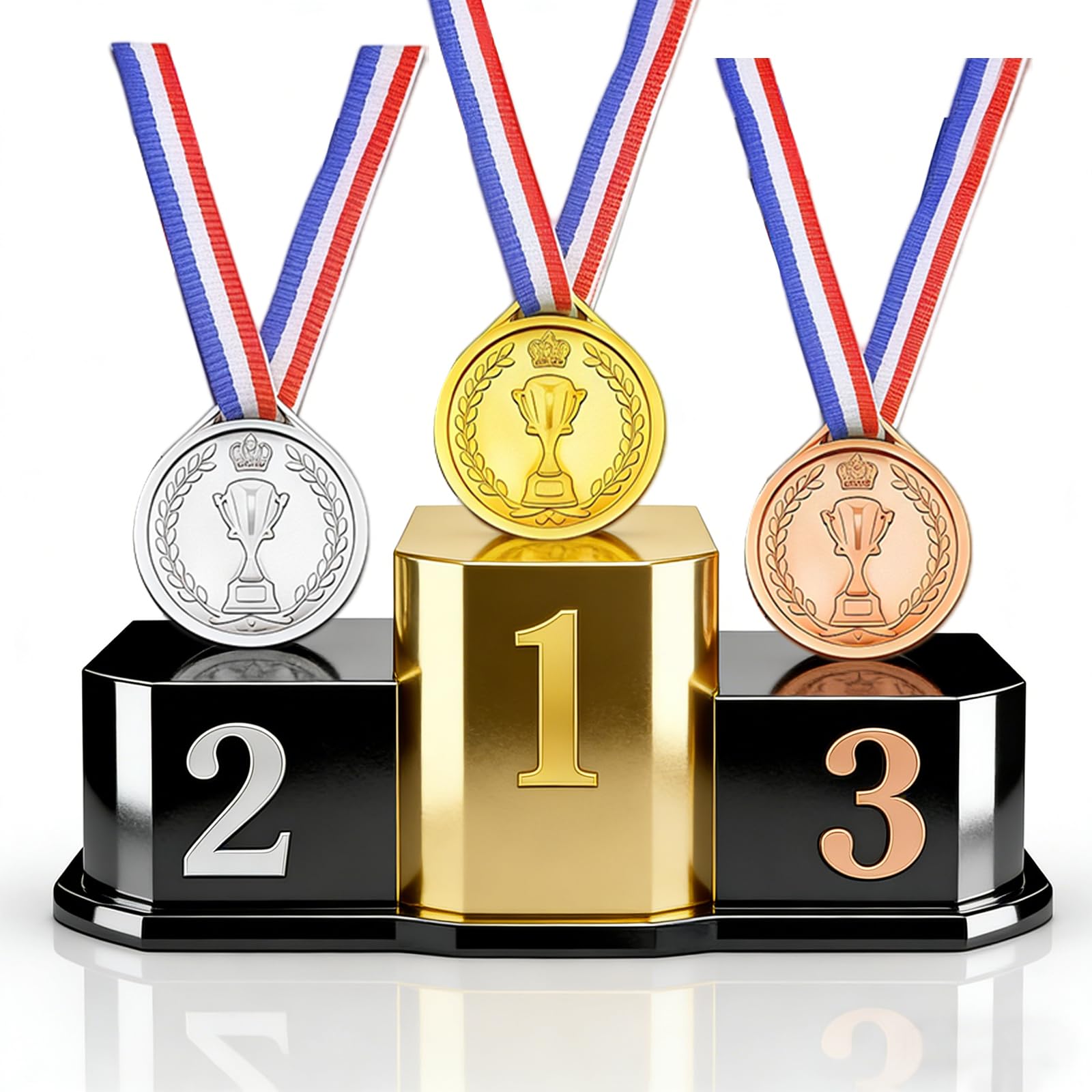 Lot de 30 Medaille, Medaille Enfant, Medailles, Medailles Enfant, Médaille et Trophée Récompenses avec Ruban Rouge Blanc Bleu Pour Sport, École, Anniversaire, Jeux, Concours, Cérémonie 4,2x3,7cm