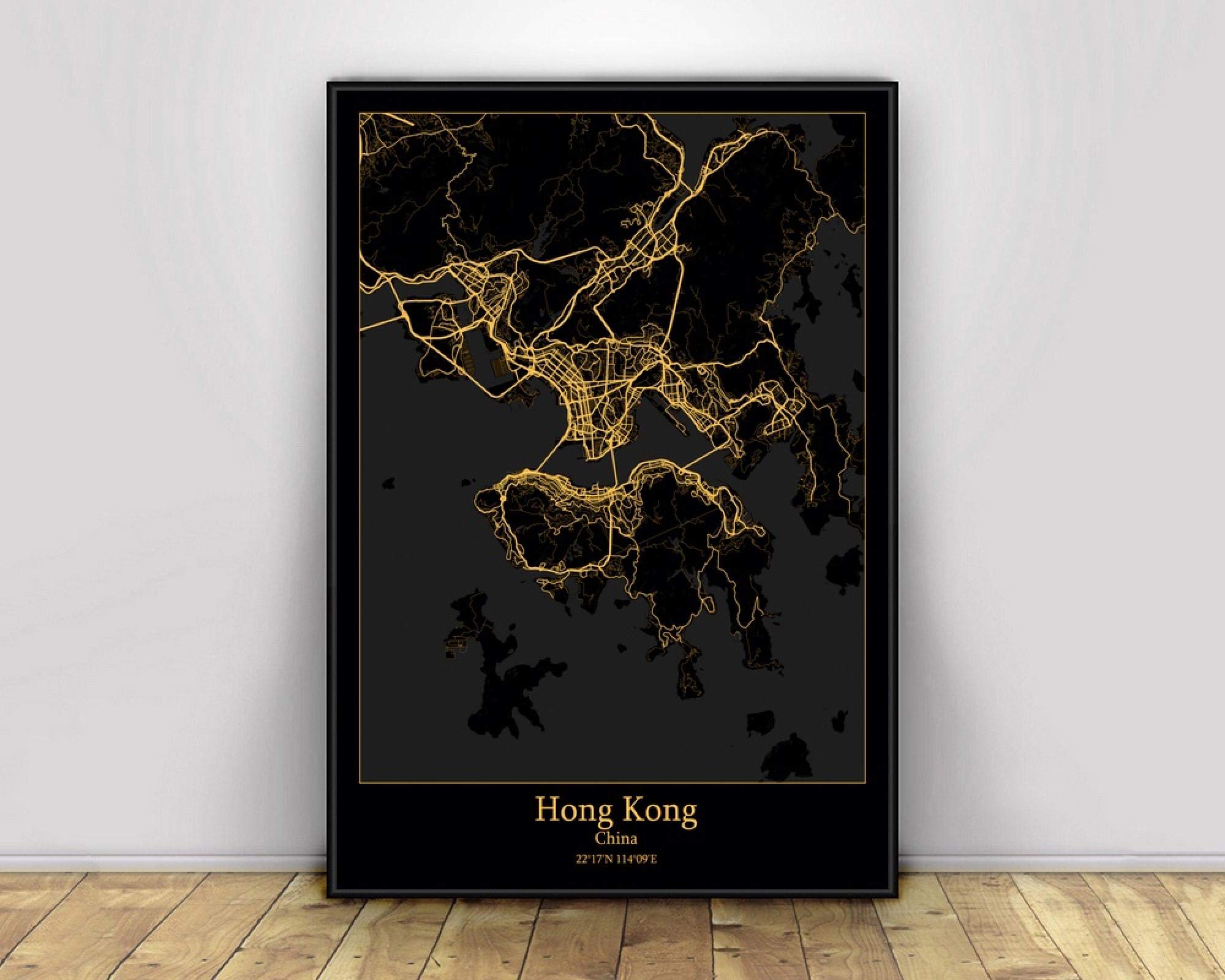 Impression sur Toile Hong Kong Noir et Or : Plan de Ville Personnalisé Style Nordique 30x45 cm