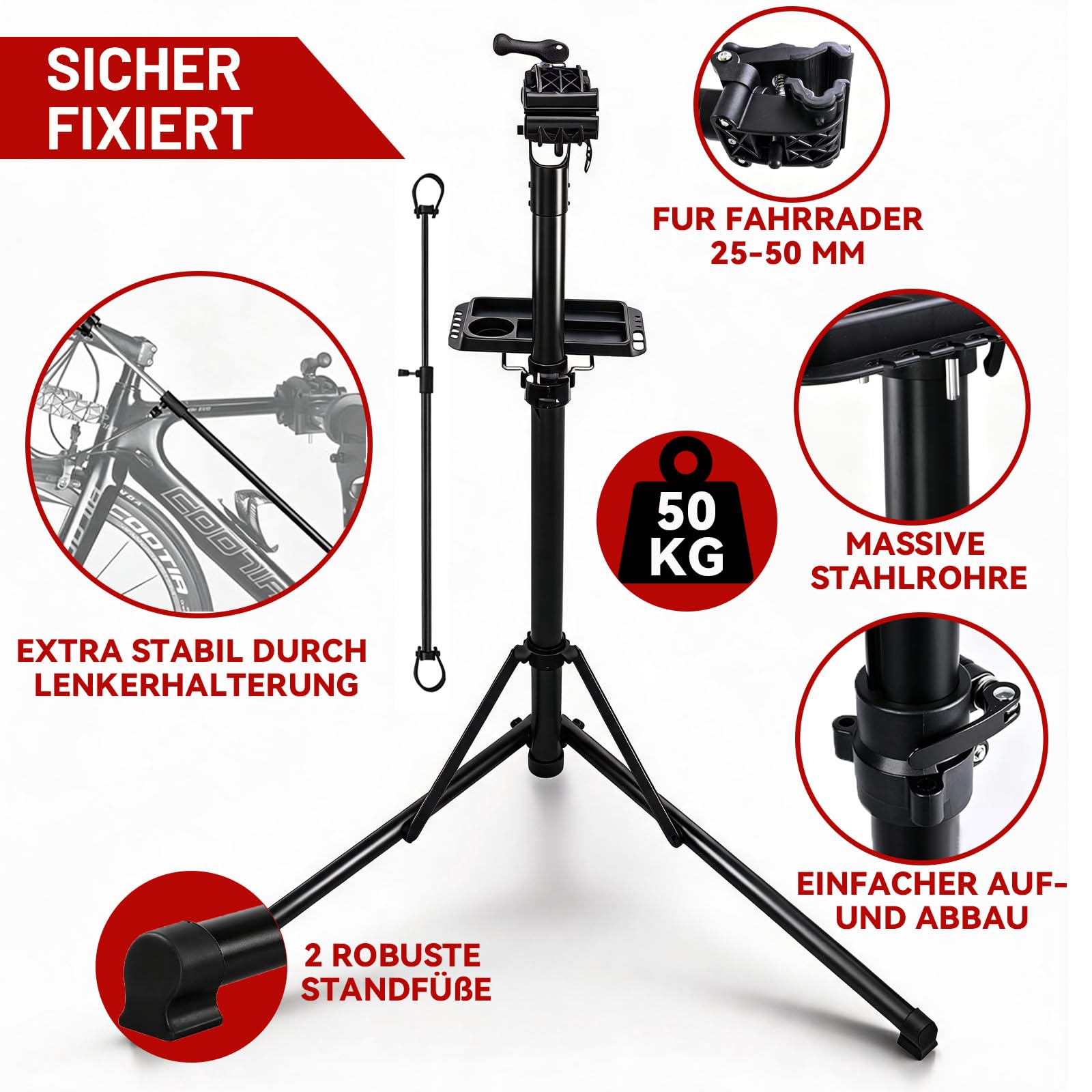 Warmfay® Fahrradmontageständer Profi 50kg für E-Bike, Klemmkopf 360° Drehbar, Klappbar & Höhenverstellbar Fahrrad Reparaturständer mit Reparaturset und Werkzeugablage, für ∅ 25 bis 50mm Fährräder