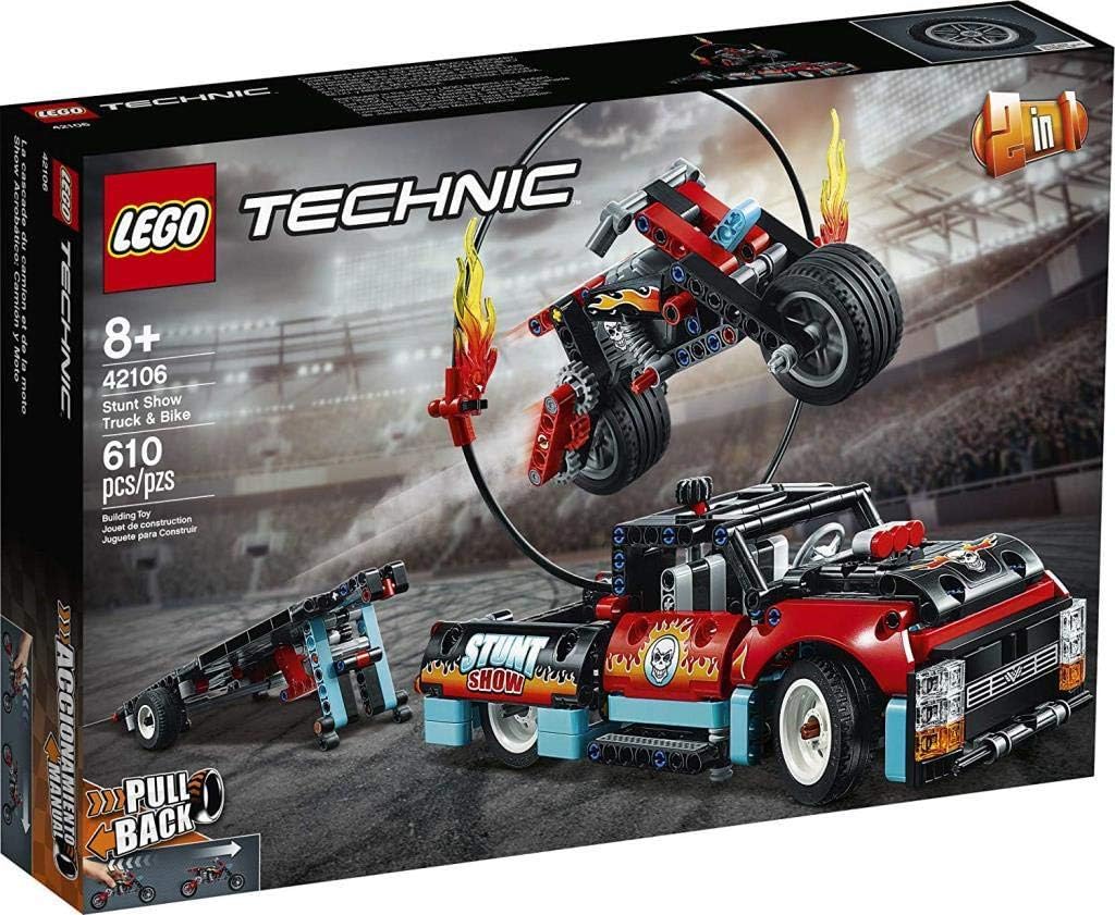 Lego 42106 Technic Stunt Show Truck & Bike Toys Set, 2in1 Model with Pull-Back Motor and Trailer