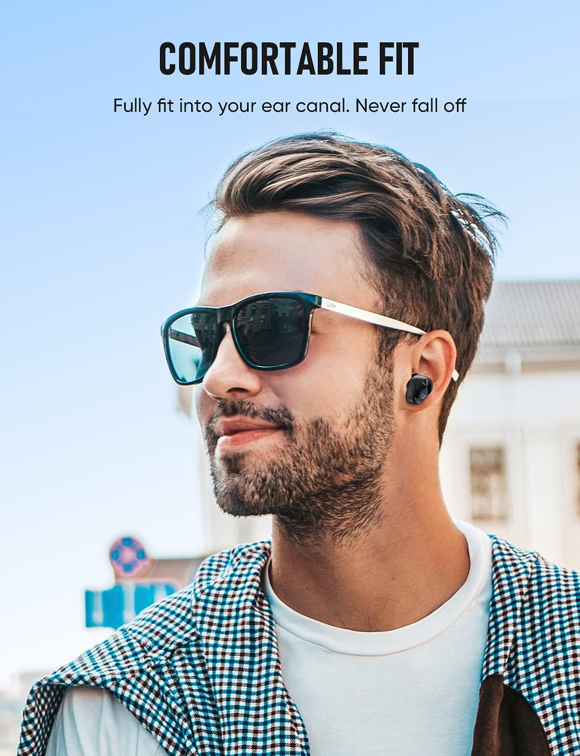 Person wearing a VEENAX X11 earbud comfortably