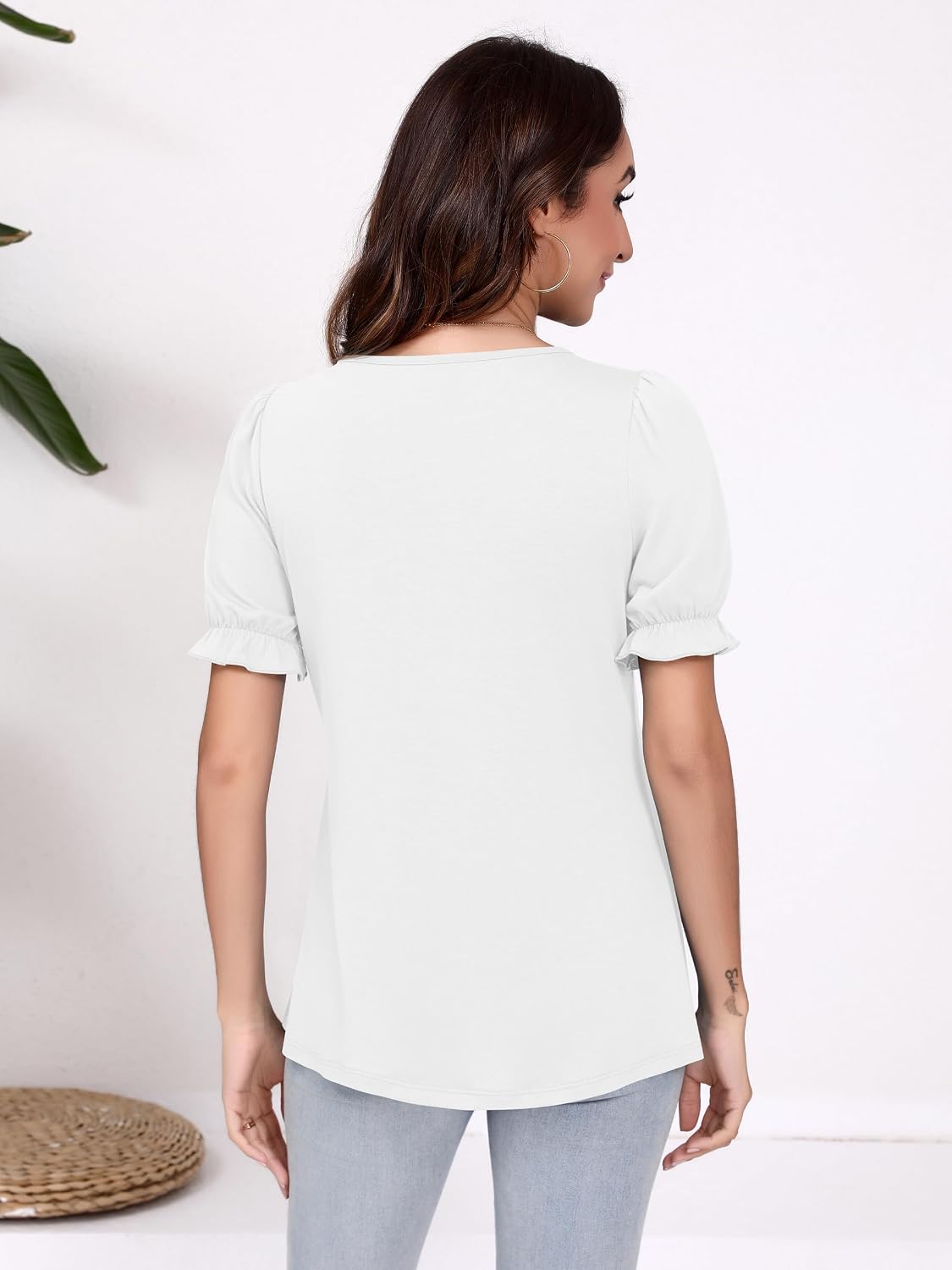 Missufe Women's Crew Neck Ruffle Puff Short Sleeve Pleated Blouse Summer Loose Casual T-Shirt Top 2025 Trendy Clothes