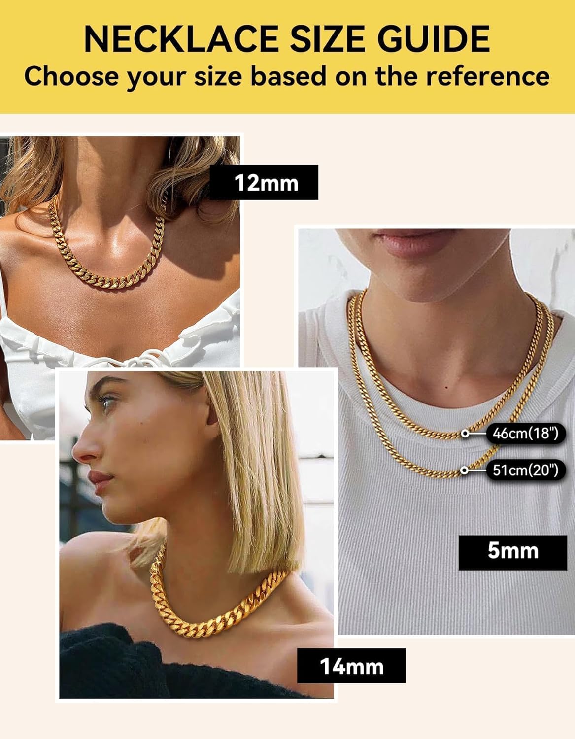 ChainsHouse Chunky Cuban Link Chain Necklace for Women, Stainless Steel Gold Chain Necklace, 5/12/14mm Width Hip Hop Cuban Chain Choker for Women Men Jewelry Gifts