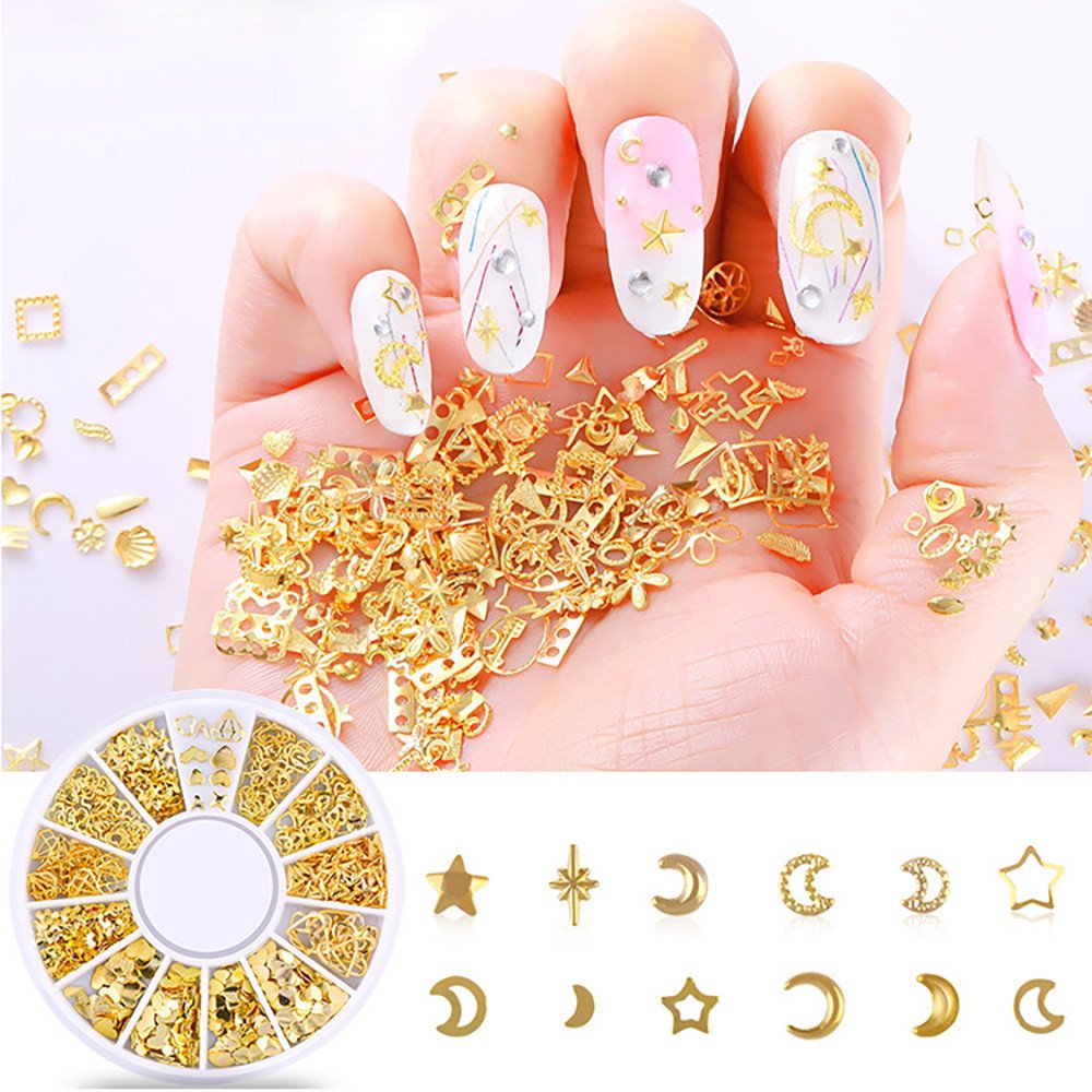 1 Boîte de Breloques pour Ongles Dorées Mélangées - Clous à ongles dorés - Strass étincelants - Océans, Paillettes, stud, rivets - Accessoires beauté ongles