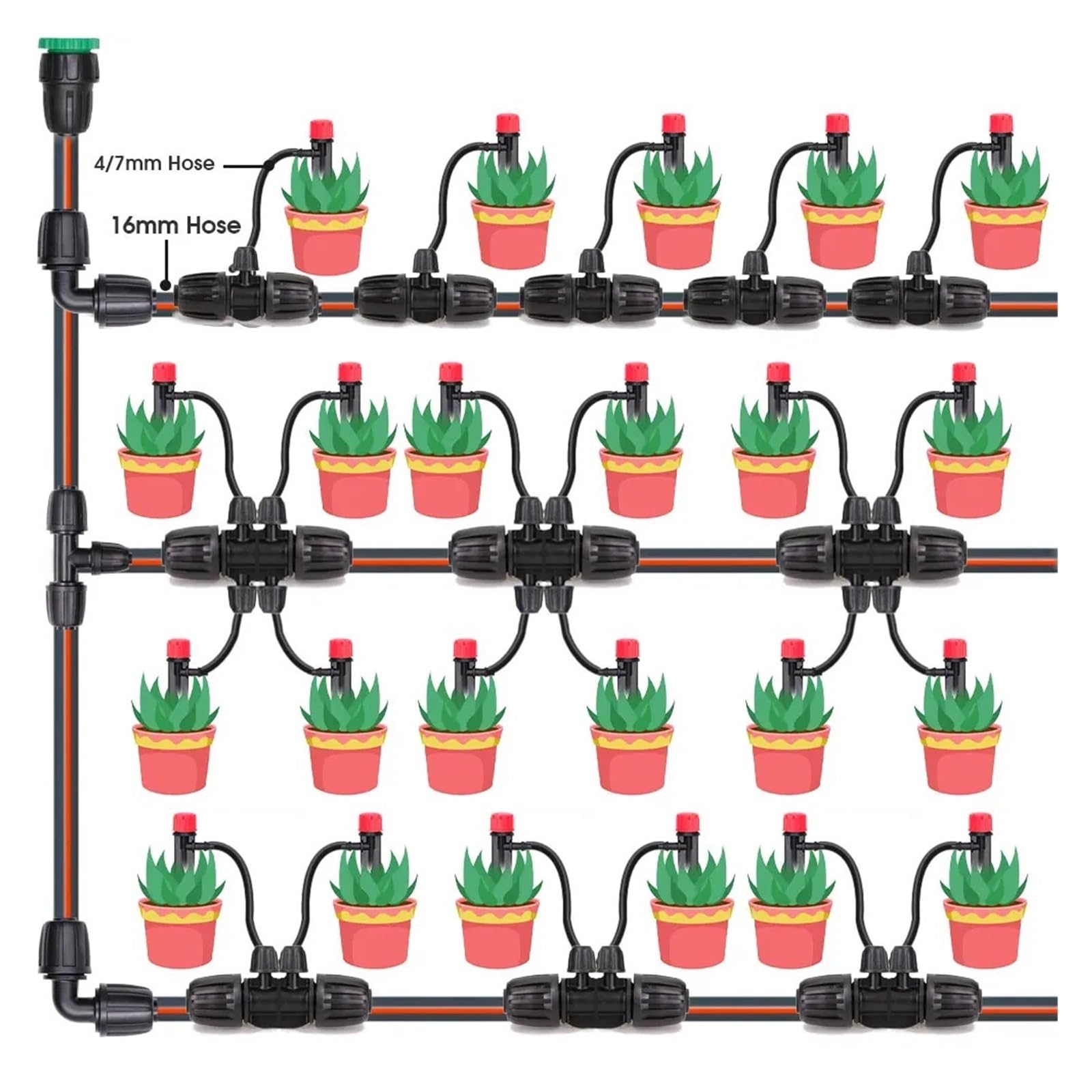 Junta en T de manguera 16mm a 4/7mm con cerradura for accesorios tubo riego por goteo jardín, conector 4 vías y 6, adaptador tubería 1/2"(A-30PCS)