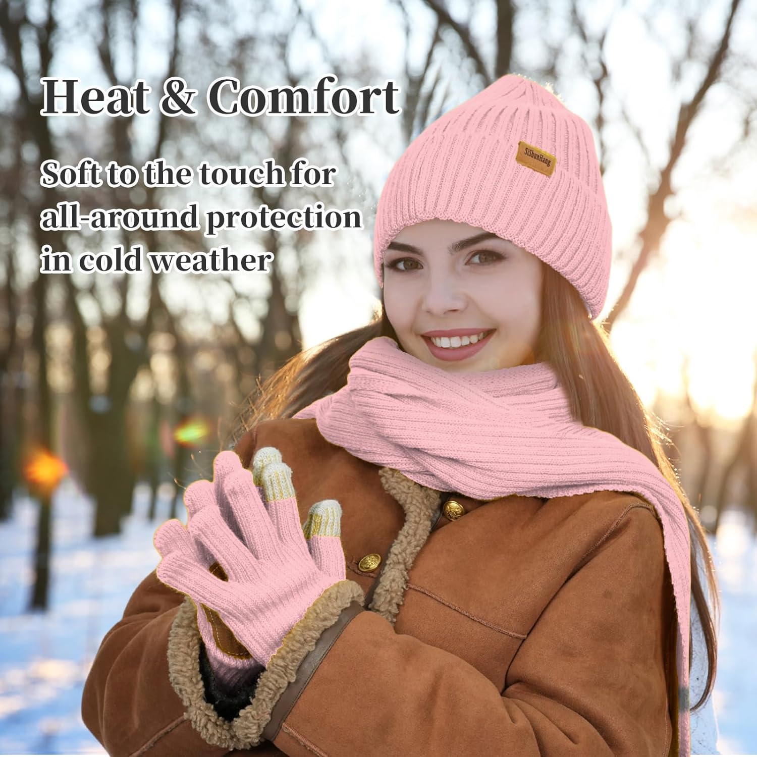 Winter Knit Beanie Hat Scarf Gloves Cold Weather Set, Warm Knit Beanie Long Scarf Touchscreen Gloves,Winter Gifts for Women - Image 5