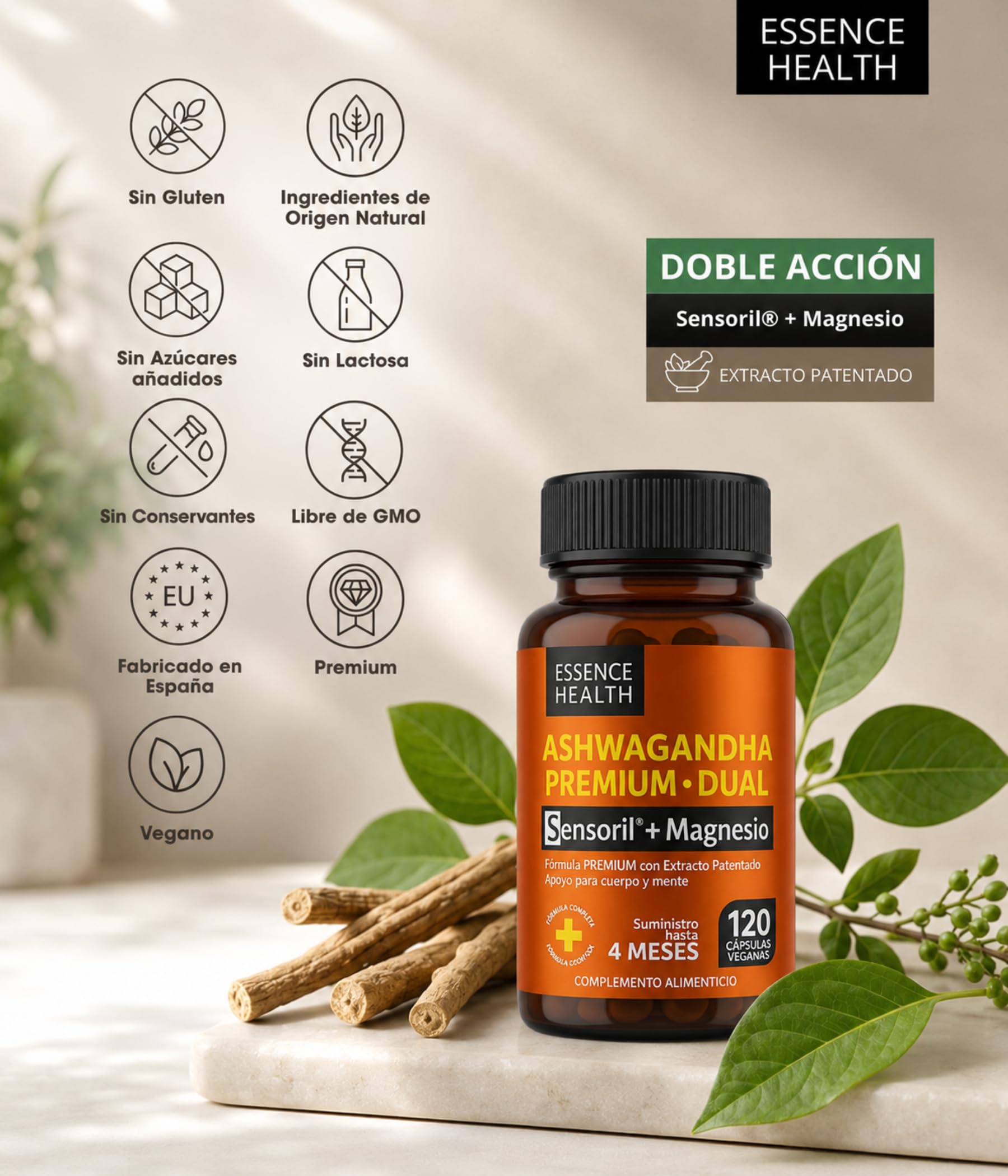 Ashwagandha Sensoril® Alta Potencia 50:1 – Extracto de Ashwagandha Adaptógena para Estrés, Ansiedad y Energía – con Magnesio para Equilibrio Mental – 120 Cápsulas Veganas