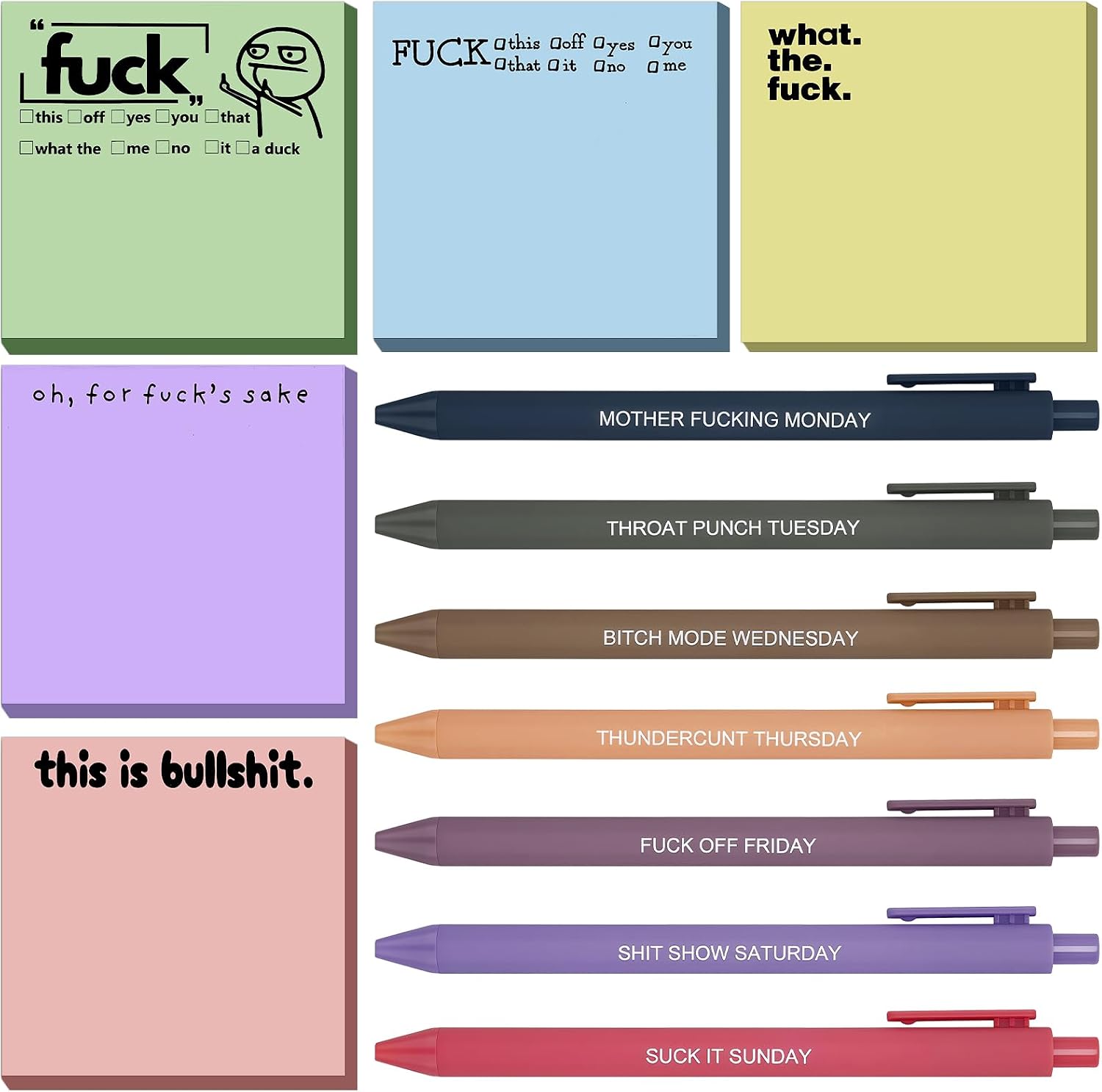 12Pcs Funny Pens Sticky Notes Sarcastic Pens for Adults Women Men Funny Office Gifts Set for Coworkers Nurses F*ck Week Ballpoint Pen Note Pads Adult Party Favors Swear Gag Graduation Gifts B