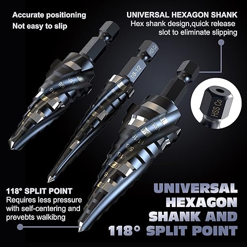 Miniatura 4 de Brocas escalonadas HSS de cobalto M35, cuatro brocas en espiral de cobalto, 1/8"-7/8" (3 piezas) vástago hexagonal Unibit para aluminio, acero