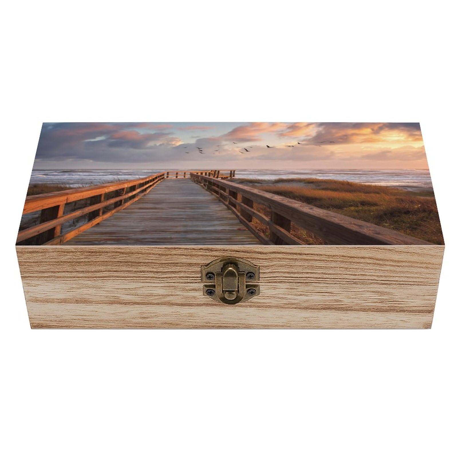 asbwuo Wooden Walkway Beach Sunset Wooden Storage Box with Hinged Lid