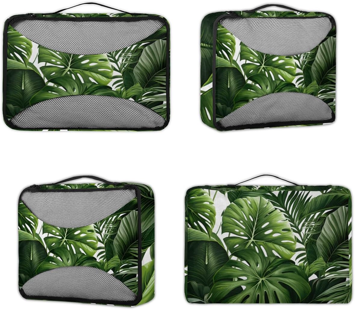 Green Palm Leaves 4 Set Packing Cubes Packing Cubes for Women Lightweight Travel Essential Bag Clothes Carry on Suitcase Bags for Accessories Essentials