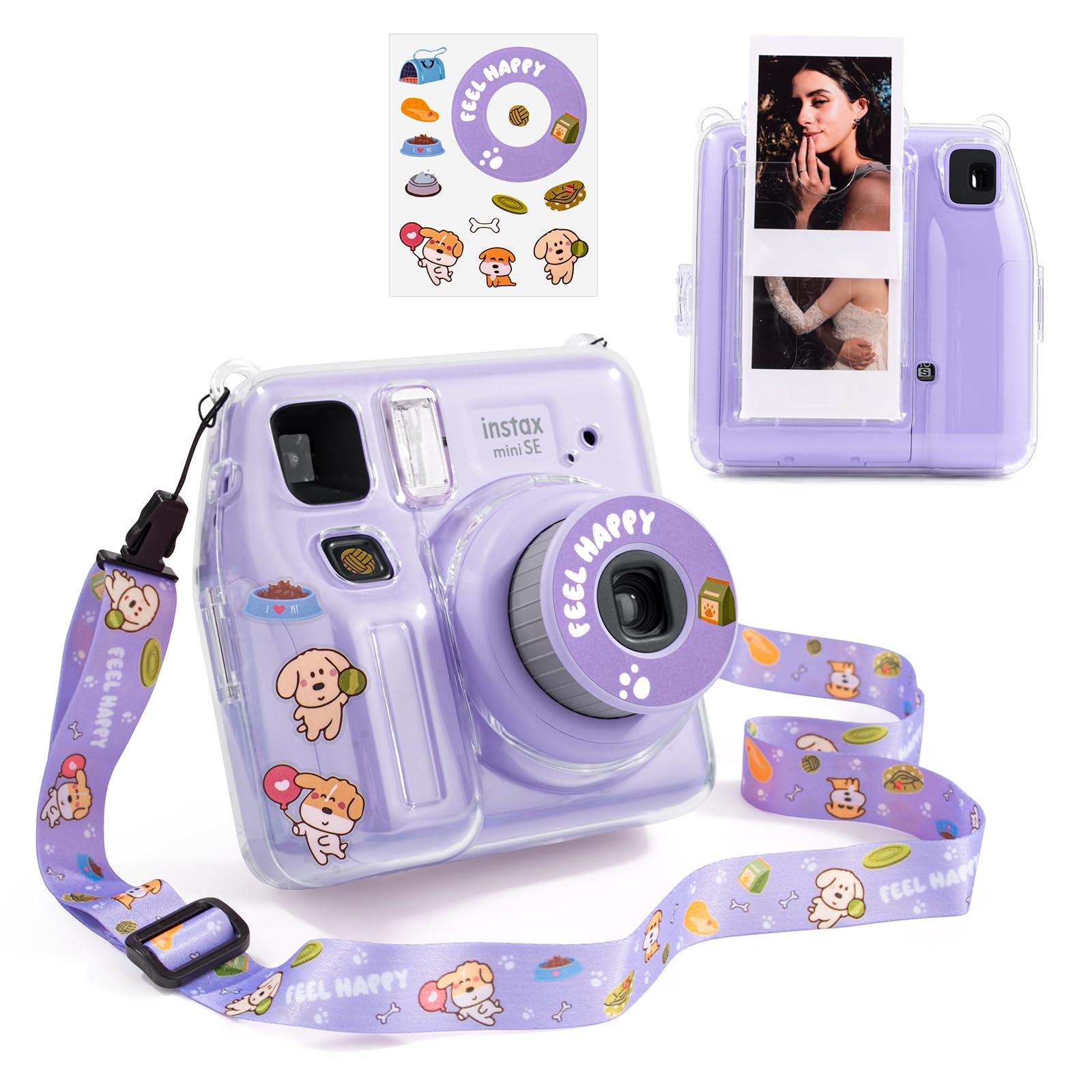 HIYQIN Fuji Mini SE Clear Case, Hard PC Protective Case for Instax Mini SE Instant Camera with Cute Cartoon Sticker & Adjustable Shoulder Strap -