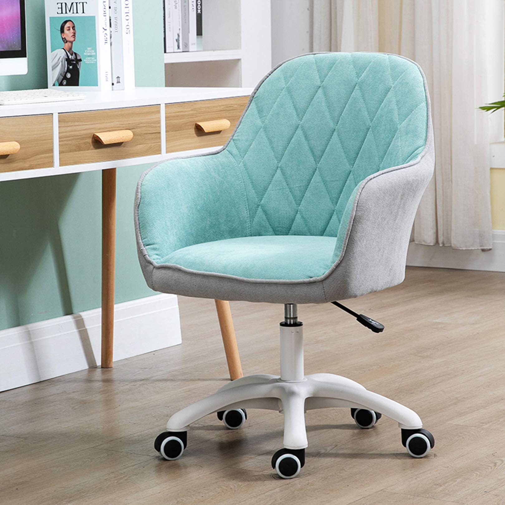 Chaise de bureau ergonomique pivotante en lin beige avec soutien lombaire réglable