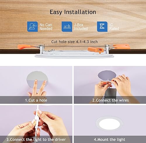 Miniatura 8 de Iluminación empotrada de 4 pulgadas, luces de obleas sin lata, regulables y 5 colores seleccionables, 9 W, 120 V, clasificación IC húmeda, ETL,