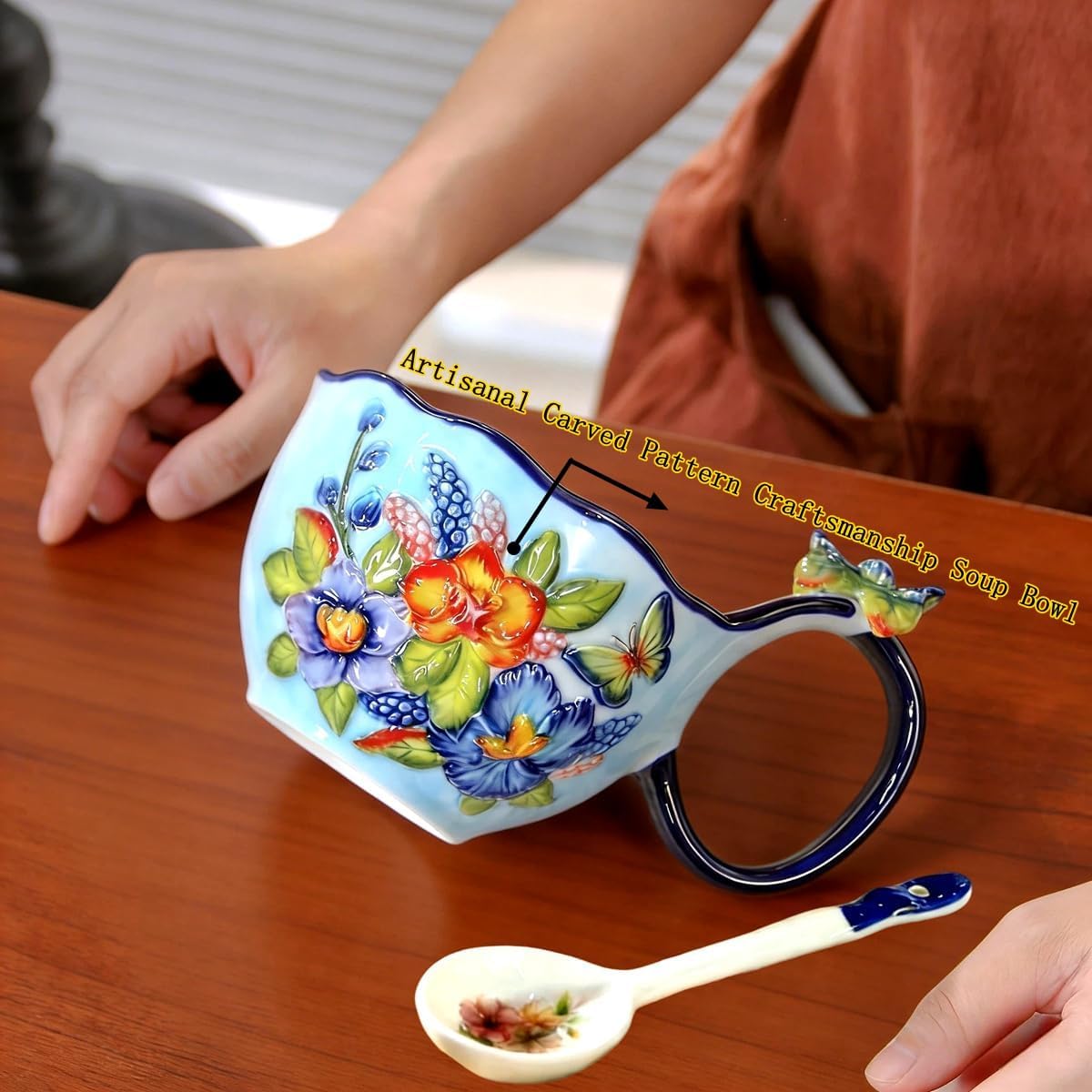15.87 Oz Microwavable Soup Bowl with Handle, Handmade Relief Butterfly Flowers Decorative Soup Bowls with Handles, Ceramic Soup Bowl with Spoon for Holding Fruits Cereal Snack, Chili, Ice Cream, Stew