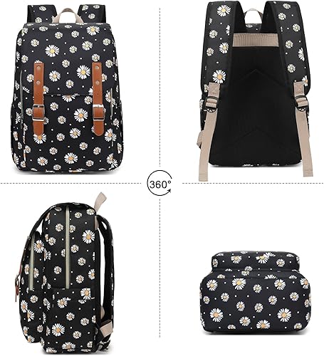 Miniatura 5 de Mochila para laptop para mujeres y niñas, mochila escolar universitaria de 15.6 pulgadas, mochila informal de viaje, negro (Daisy Black), Mochilas