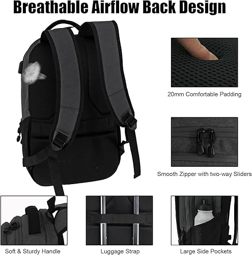 Miniatura 4 de WOLT  Mochila para portátil de viaje, bolsa de negocios aprobada por avión con puerto de carga USB, se adapta a portátiles de 15.6 pulgadas, Gris