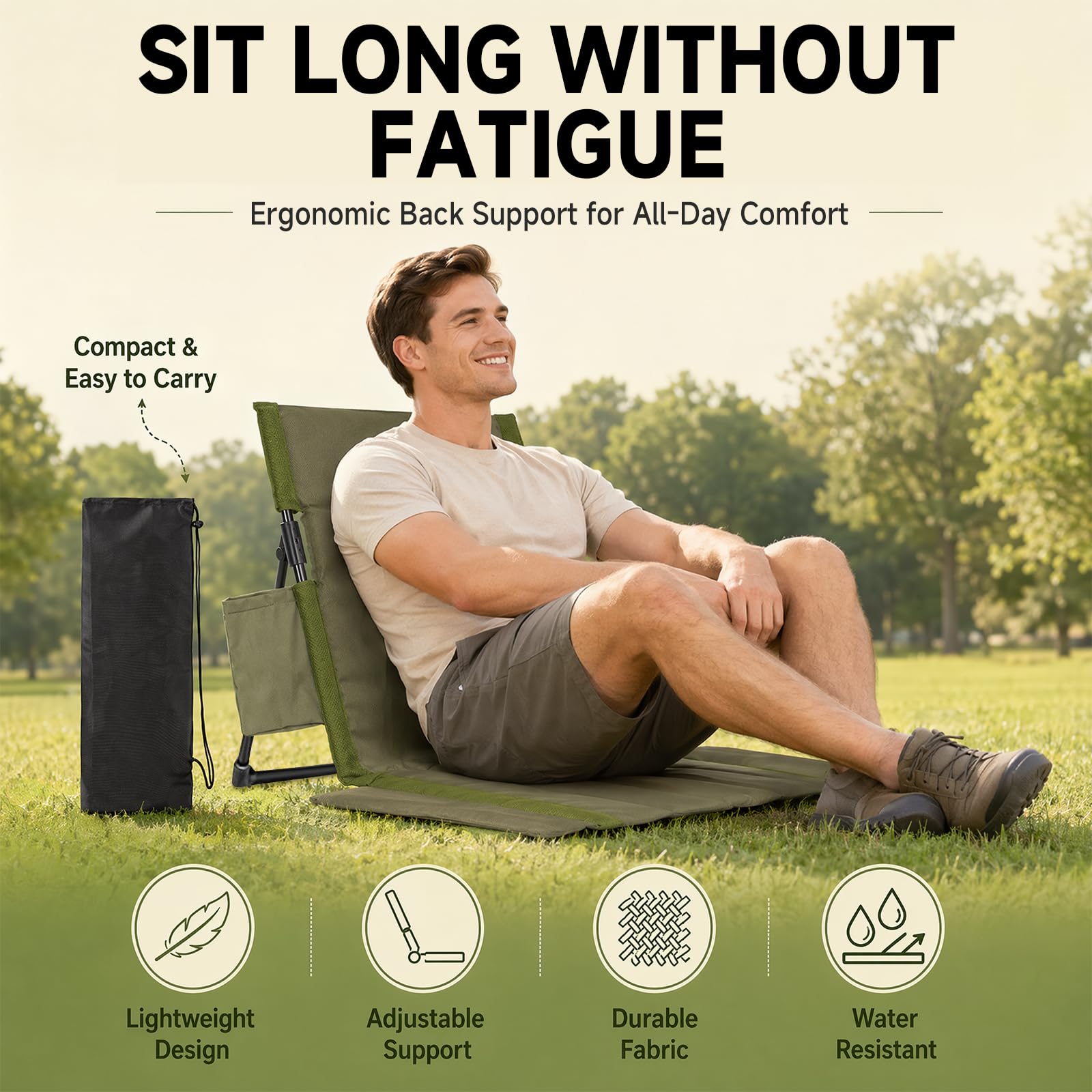Sedia pieghevole da pavimento con schienale, in tessuto Oxford 600D, da campeggio, spiaggia, leggera, con tasca laterale e seduta ampia, sedia pieghevole portatile per spiaggia, giardino, picnic