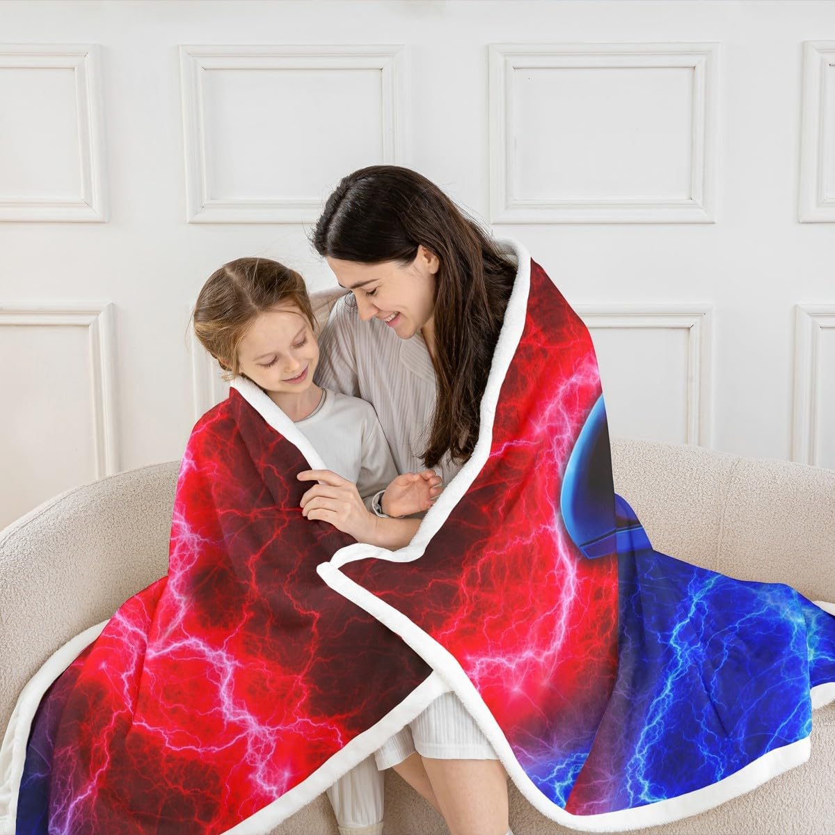 Manfei Video Games Throw Blanket Red-Blue Lightnings Gamepad Bed Blanket for Kids Boys Teens Adults, Modern Gamer Blanket for Couch Sofa, Soft and Breathable Fleece Blanket(90 x 90 Inches)