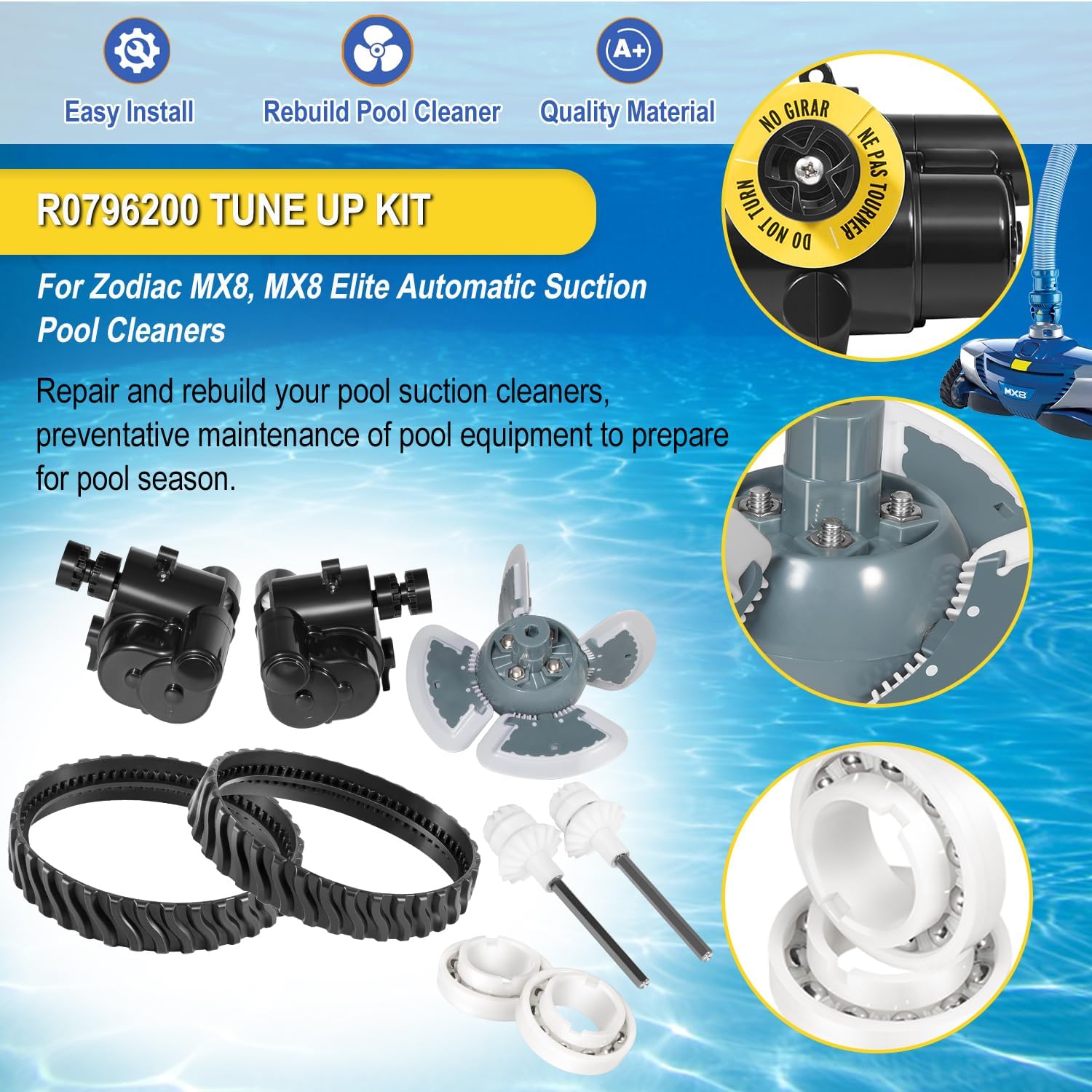 R0796200 Tune Up Rebuild Replacement Parts Fit for Zodiac Baracuda MX8 MX8EL Elite Pool Cleaner, With Engine Assembly, Direction Control Device Kit, Tracks, Drive Shaft Assembly, Wheel Track, Bearings