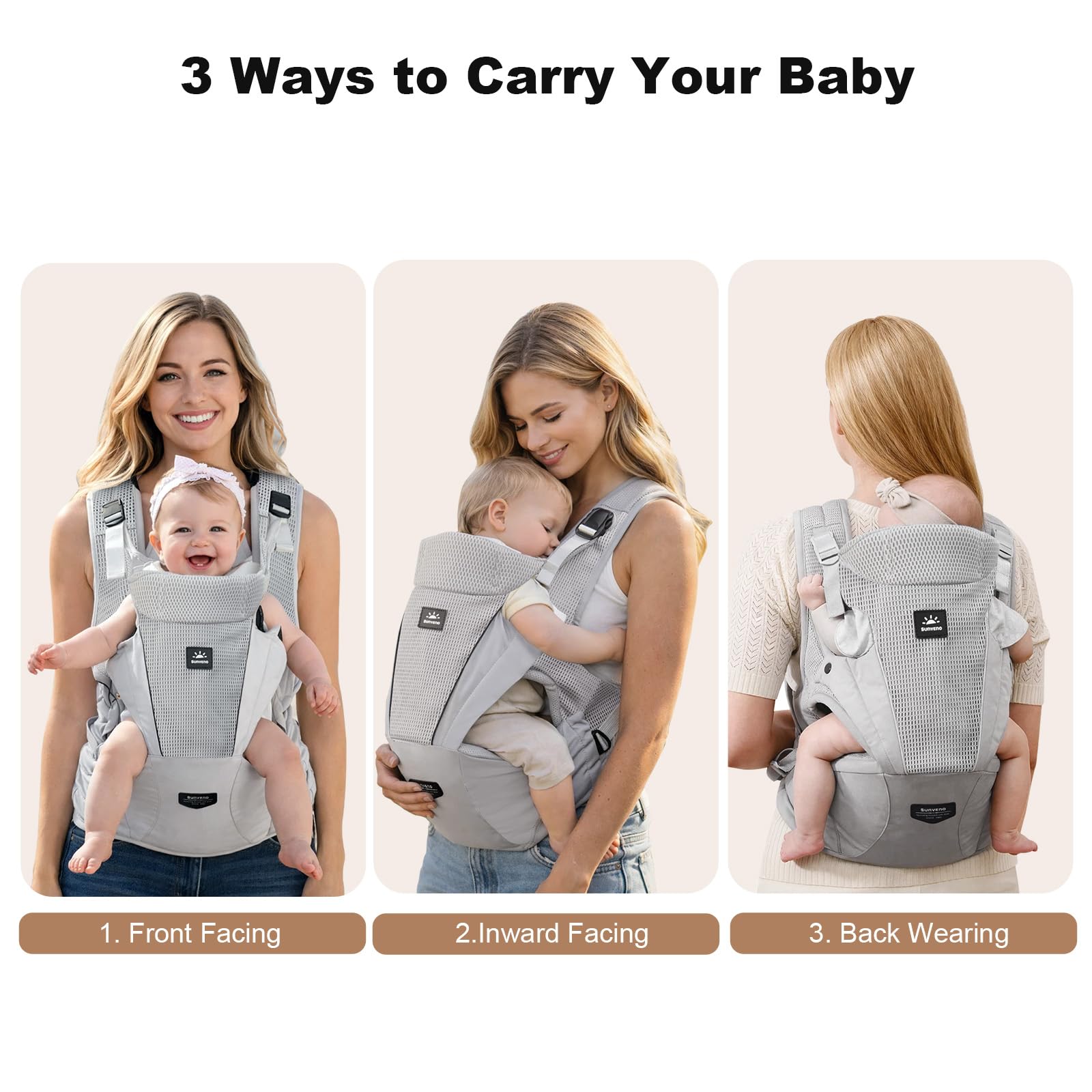 SUNVENO Portabebés para recién nacidos a niños pequeños – Portabebés de malla transpirable certificado CPC, soporta 7-45 libras para transporte delantero y trasero con cintura ajustable, para todas