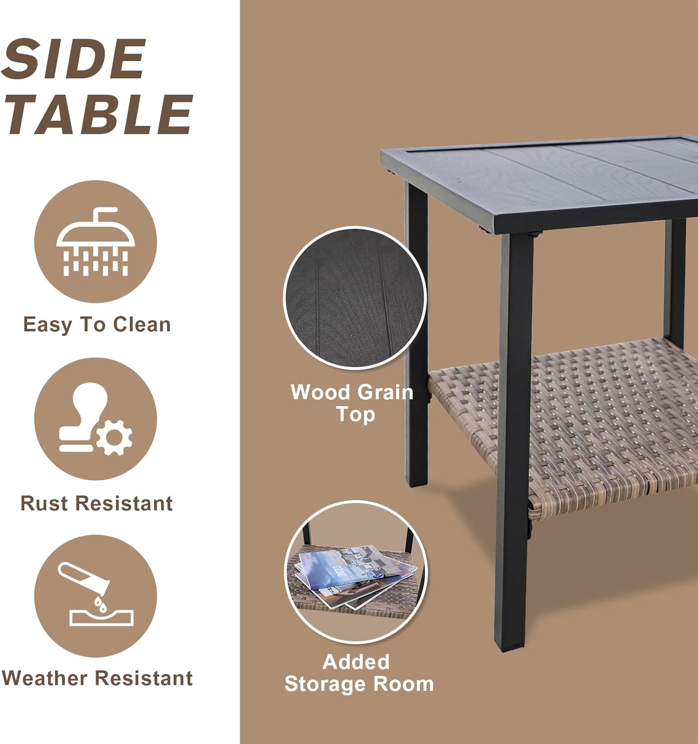 COOS BAY Sunset Haven 3 Piece Outdoor Patio Furniture Set, Rocking Chairs with Side Table, Wicker Patio Bistro Set, Brown/Beige