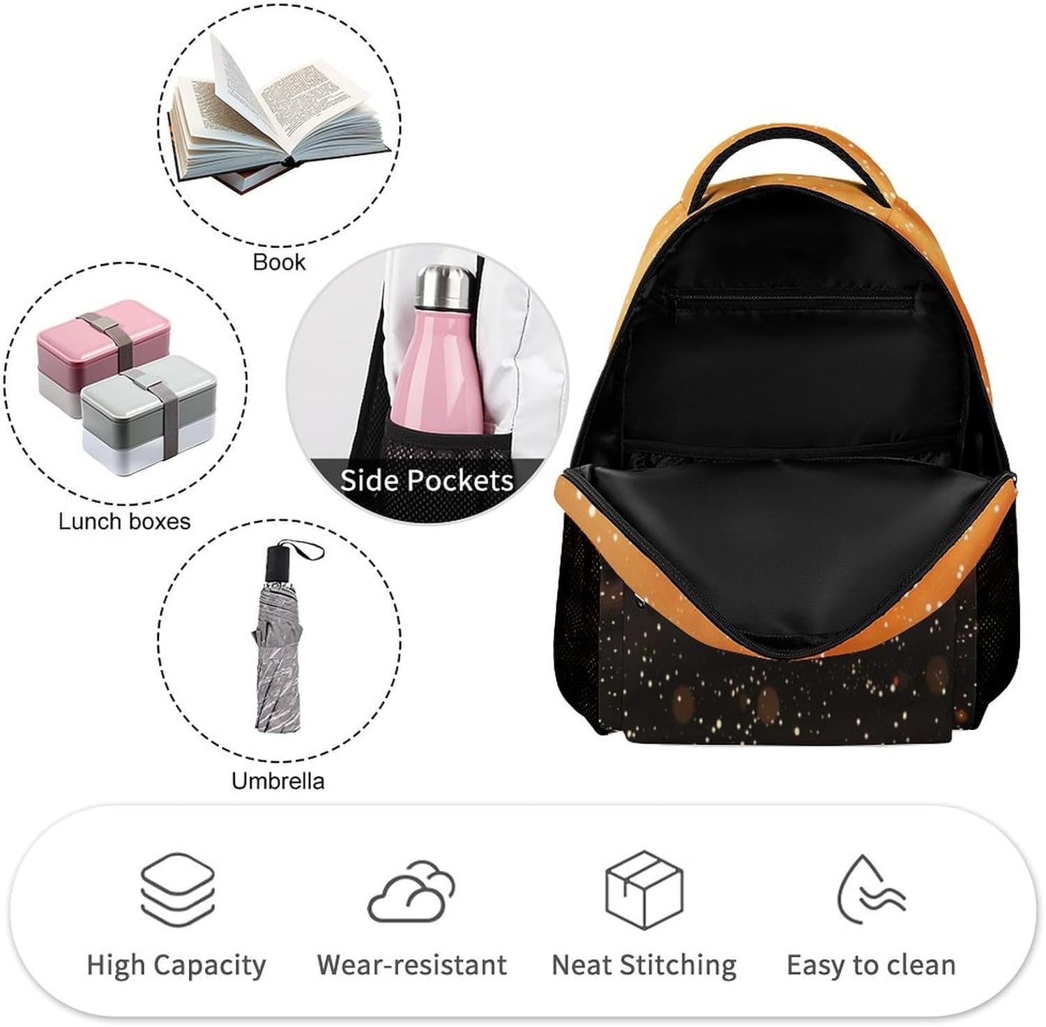 Personalized Custom Orange Black Bling Sparkle Print School Backpack Lightweight Travel Hiking Causual Bag With Name