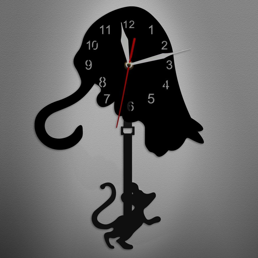 The Geeky Days Cat and Mouse Swinging Pendulum Wall Clock - Black, About 12"W x 16.5"H (Including Pendulum), Battery Powered, Wall Mount, Kid's Room, Unisex, Retro, Analog, Indoor, Animal Theme