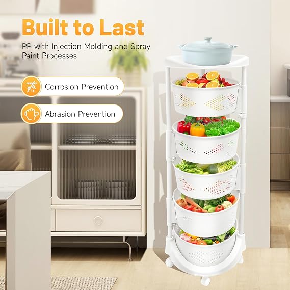 5 Tier Kitchen Storage Rack, Rotating Storage Shelf with Lockable Casters Multi-Layer Kitchen Shelf Vegetable Rotating Basket Organizer Stackable Round Storage Cart