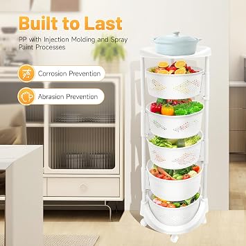 5 Tier Kitchen Storage Rack, Rotating Storage Shelf with Lockable Casters Multi-Layer Kitchen Shelf Vegetable Rotating Basket Organizer Stackable Round Storage Cart