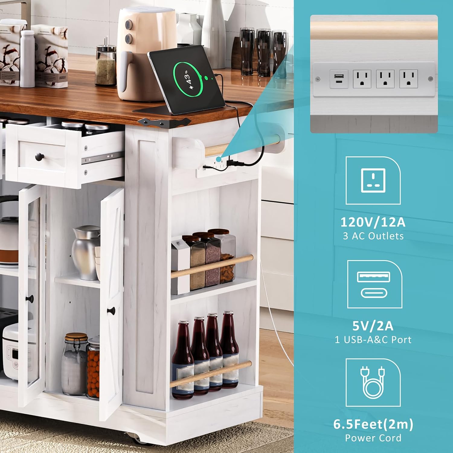 Close-up of the kitchen island's power outlet, detailing 3 AC outlets, 1 USB-A&C port, and a 6.5-foot power cord.