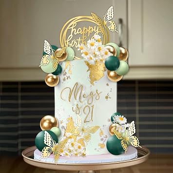 41 PCS Green Balls Cake Topper Butterfly Cake Decorations Happy Birthday Cake Topper for Wedding Flower Themed Birthday Supplies Green