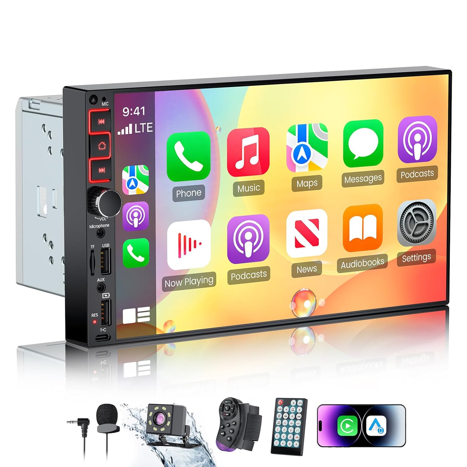 9 Double Din Car Stereo with Wireless Apple CarPlay Android Auto QLED IPS Touchscreen Double Din Radio 1080P