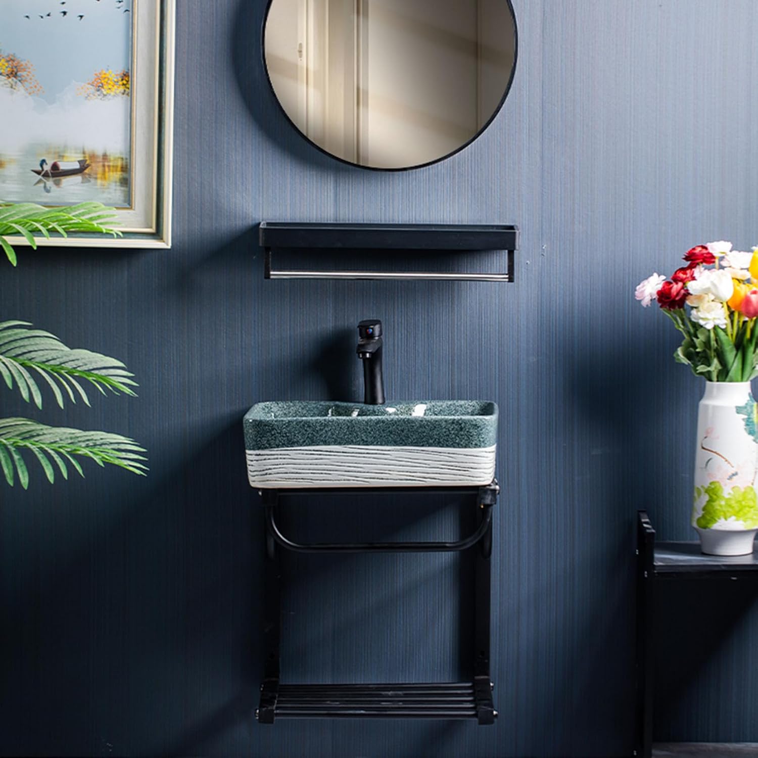 Bathroom Sink Corner, Wall-Mounted Wash Basin, Bathroom Sink with Stainless Steel Bracket,Green Dot Line Style