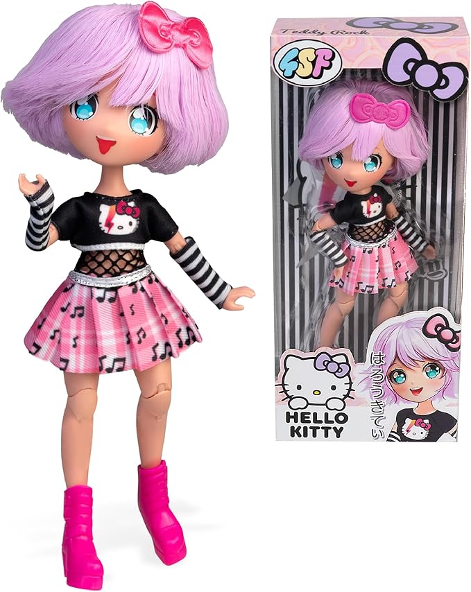 4SF - Hello Kitty Manga Doll Teddy Rock, Muñeca Fashion Japonesa con Looks a la Moda Manga, Figura de 19,5 cm con 15 Puntos de Articulación, Pelo Morado, Accesorios Incluidos, Famosa (HKTF0100)