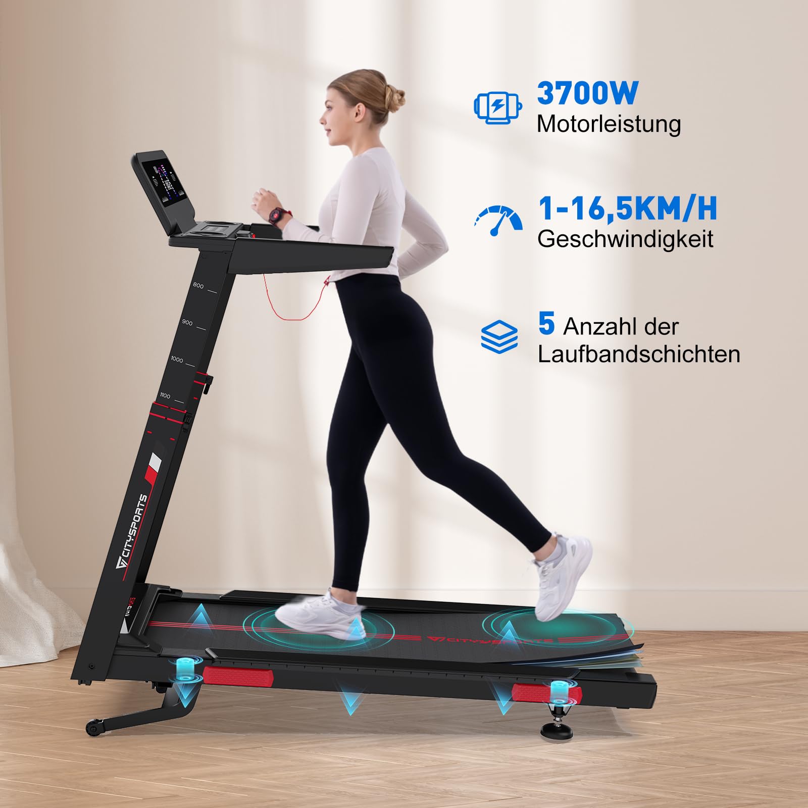 Laufband für Zuhause Klappbar mit Steigung bis 200 kg belastbar, 16.5 km/h Walking Pad mit KI Sprachsteuerung und Bosch Motor, Leise Elektrisches Laufband Schreibtisch mit App