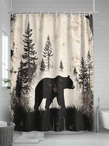 Miniatura 5 de Cortina de ducha de tela impermeable retro con silueta de bosque de oso marrón, para baño, secado rápido, lavable a máquina, 72 x 72 pulgadas