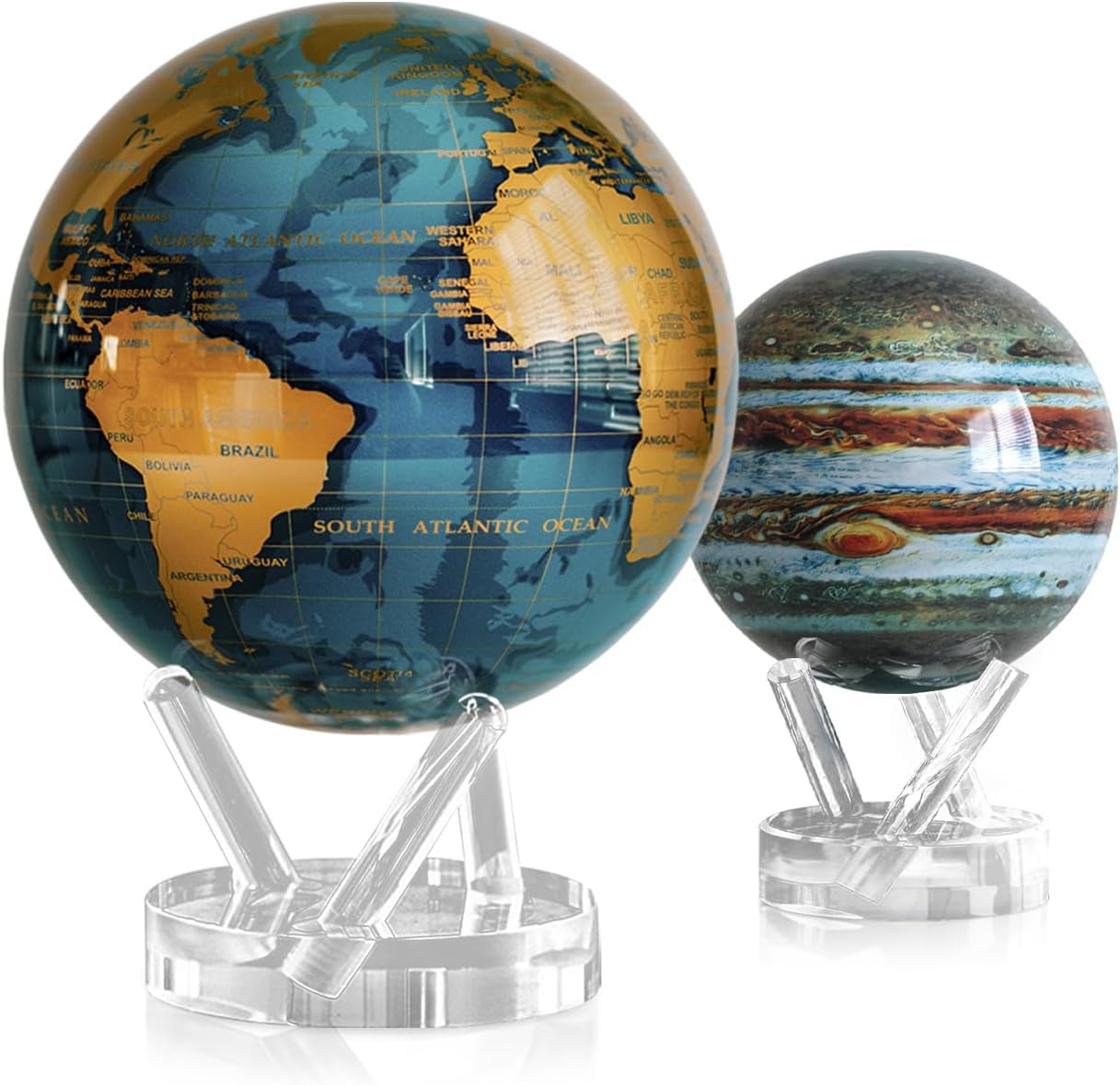 MOVA Globe Bundle – Blue and Gold 8.5" + Jupiter 4.5" | Solar-Powered Rotating Globes for Desk or Shelf | No Batteries or Cords | Giftable Scientific Decor