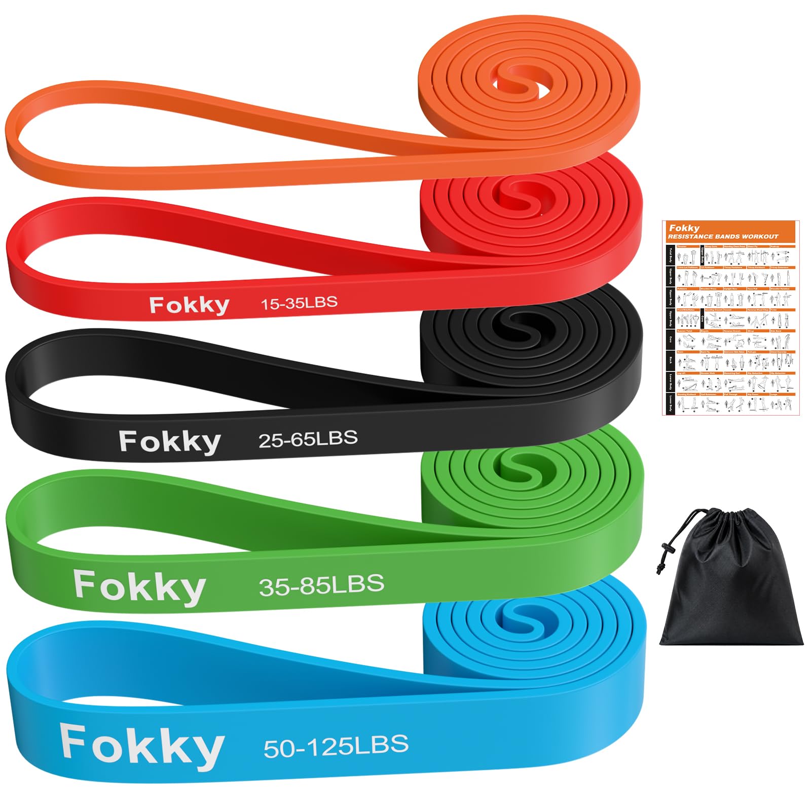Fokky Fitnessbänder Resistance Bands Set, 5 Stufen Widerstandsbänder mit Übungsposter & Tragetasche, Fitnessband Klimmzug Bänder für Yoga, Krafttraining, Muskelaufbau, Heimtraining, Klimmzughilfe