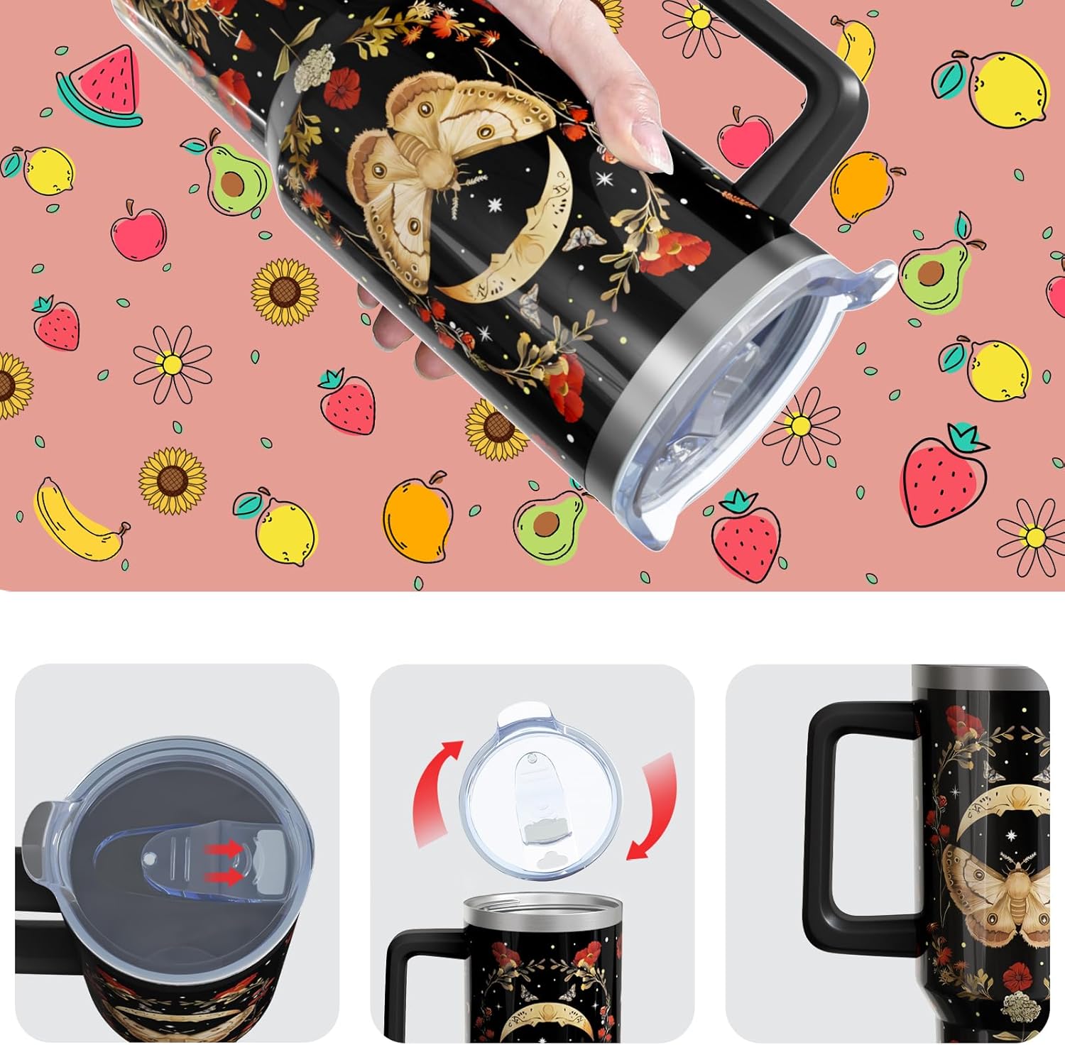 Goth Mushroom 40 Oz Tumbler with Handle and Lid Straw, Gothic Moth Moon Stainless Steel Insulated Cup Water Bottle, Halloween Floral Witch Gifts for Women Girls(1 PC)
