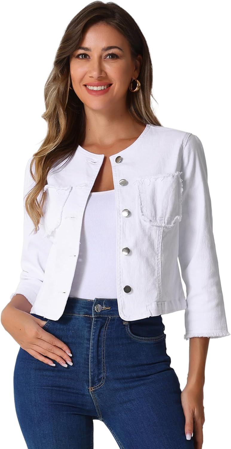 Allegra K Denim Jacket for Women's Collarless 2024 Cardigan Distresse 3/4 Sleeve Crop Jean Jackets