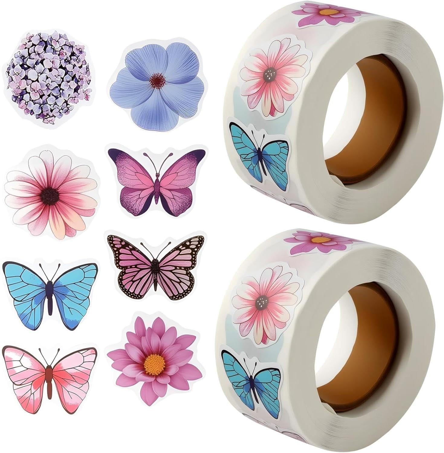 Dwuent Pink Flower Stickers，Butterfly Stickers, Craft Stickers Scrapbook Stickers, For Scrapbooking Scrapbook Supplies,1000 Pcs Cartoon Flower & Butterfly Sticker Rolls (Flowers And Butterflies, )