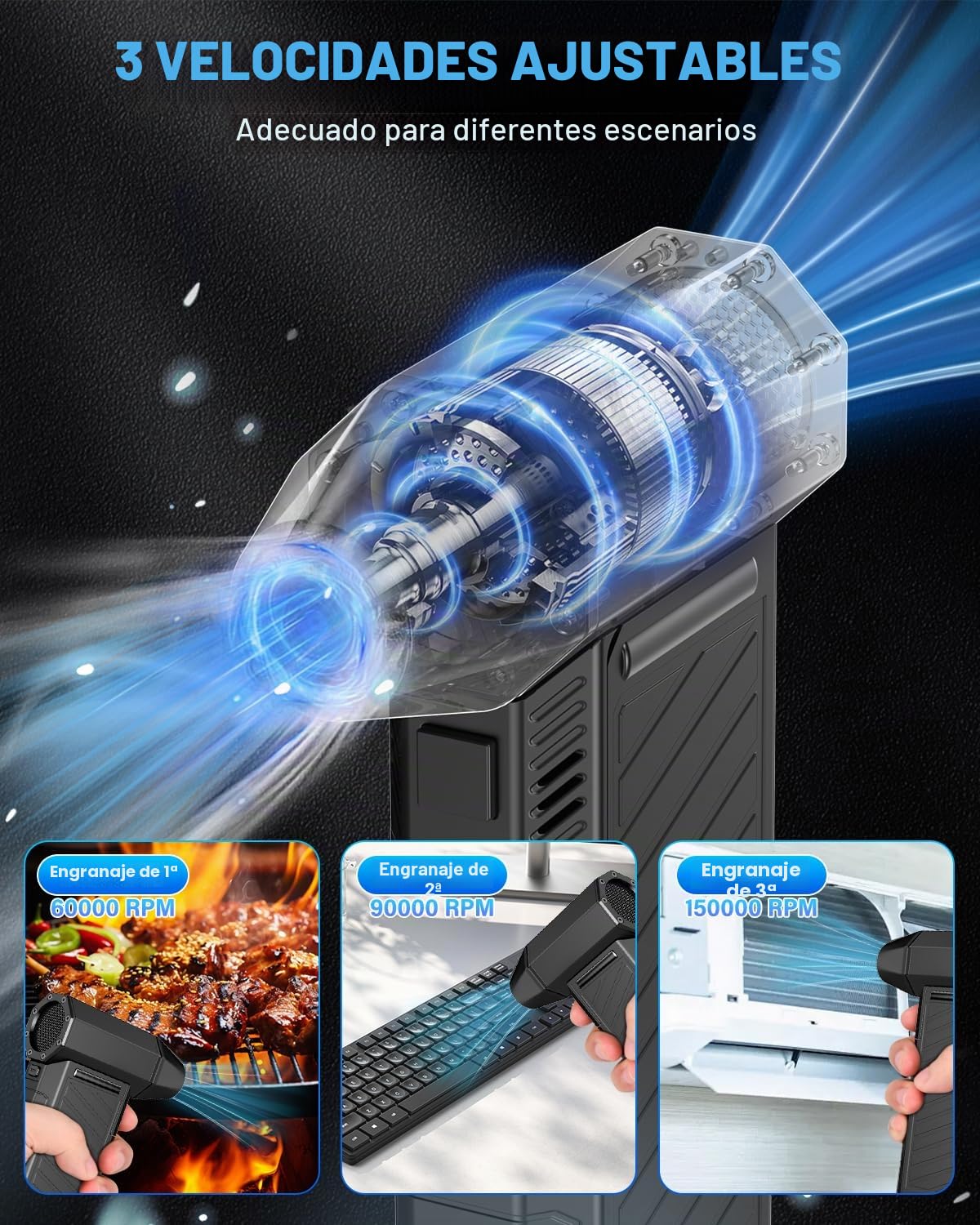 Soplador de aire para pc, 150000 U/min Alta velocidad Aire Comprimido Limpieza pc Air Duster, Plumero Electrico USB Recargable Con batería de 8000mah para computadora portátil, teclado, automóvil