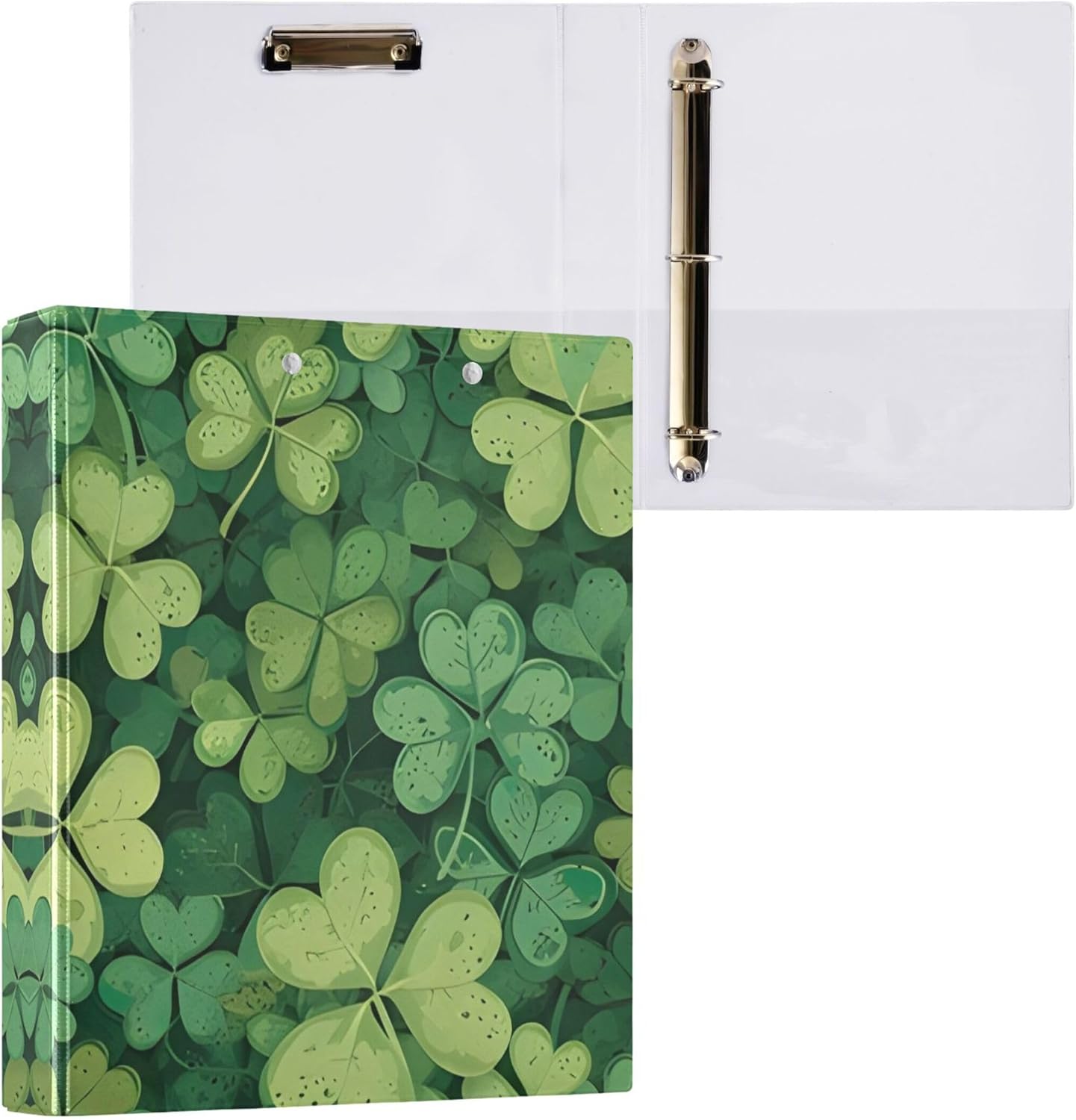 St. Patrick's Day Clover 3 Ring Binders, 1.5” Round Ring Binders with Clipboard - Letter Size, 3 Interior PVC Clear Pockets & Anti-Slip Clip for Office School Supplies, 2PCS
