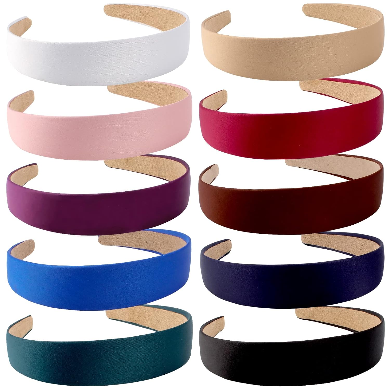 Wecoe 10 Pack Satin Headbands 1 Inch Wide Non-Slip for Women Girls - Red White Black Pink Purple Fashion DIY Hair Accessories