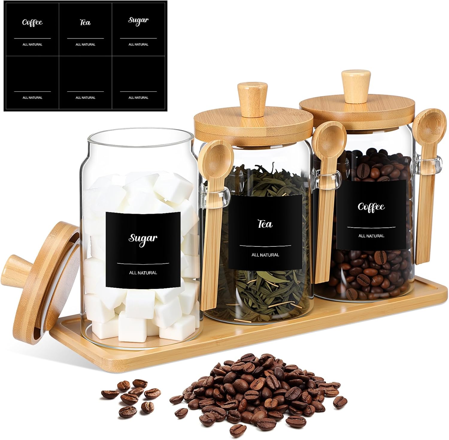 Suclain 3 Pcs Glass Coffee Container with Wooden Lid Spoon Shelf Labels Clear Airtight Jar Food Storage Canister Set for Sugar Spice Coffee Bean Holder Housewarming Gift(25 oz,Acacia Brown)