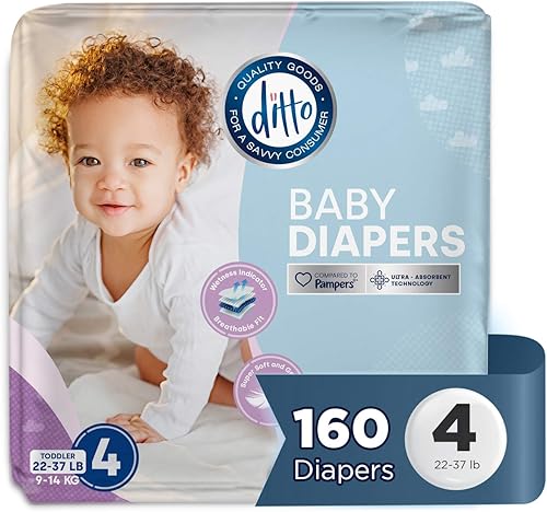 Ditto Pañales para bebé talla 4 (160 unidades) Pañales desechables transpirables Protección contra fugas de 12 horas e indicador de humedad